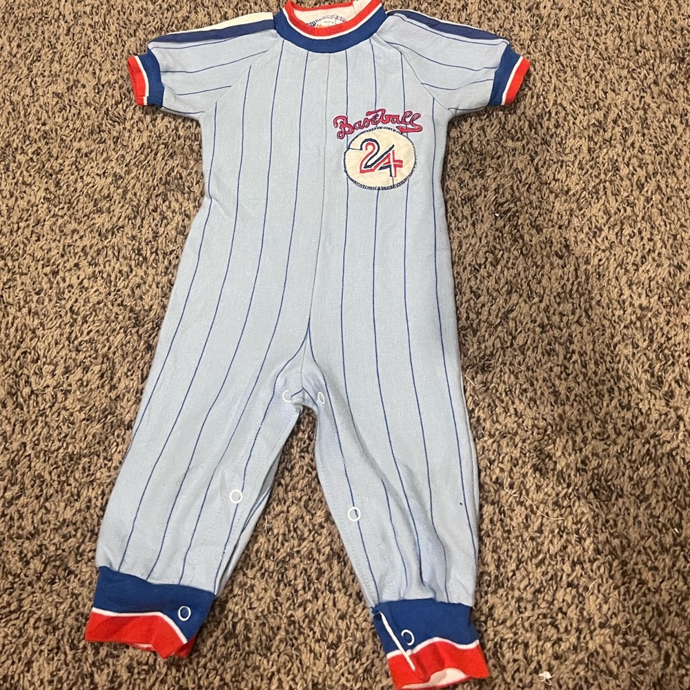 Vintage Healthtex Baseball-Themed Kids One Piece - Light Blue and Red